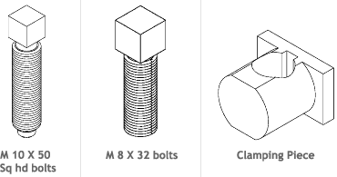 M 10 X 50 Sq hd bolts, M 8 X 32 bolts, Clamping Piece